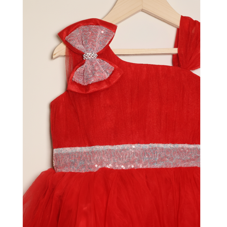 Ninos Embellished Party Wear Frock with 3D Bow Appliqué & Sequins For Girls