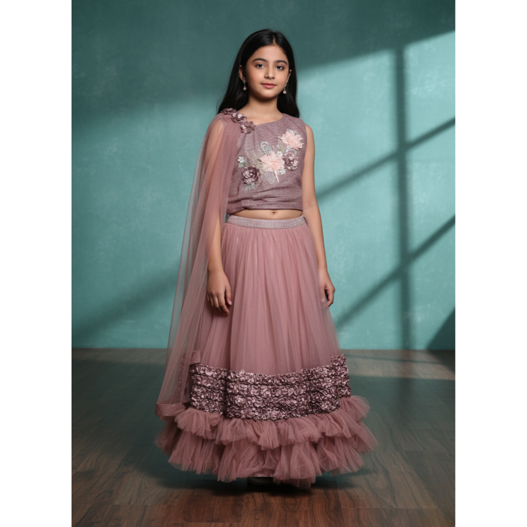 Mauve-Pink Lehenga Choli Set For Girls with Attached Dupatta & 3D Floral Work