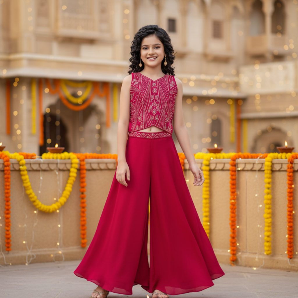 Girls Festive Pink Palazzo Set – Silk Blend Embroidered Top with Dupatta