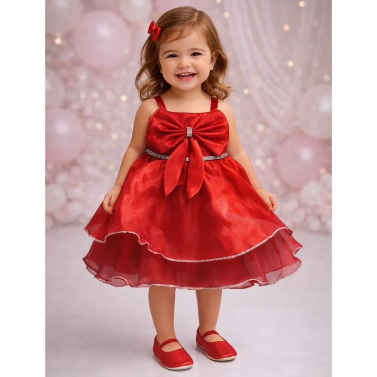 Toddler Girls' Sparkling Celebration Gown – Tiered Organza Princess Dress with Oversized Bow & Crystal Accents