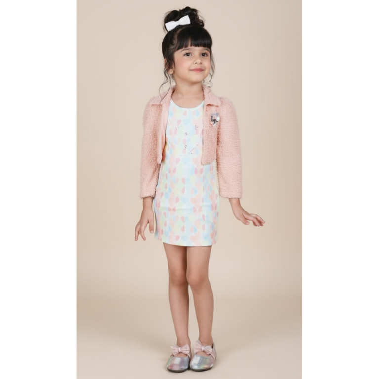 Iris Castle -Girls Off-White Printed Mini Dress with Light Pink Cropped Jacket