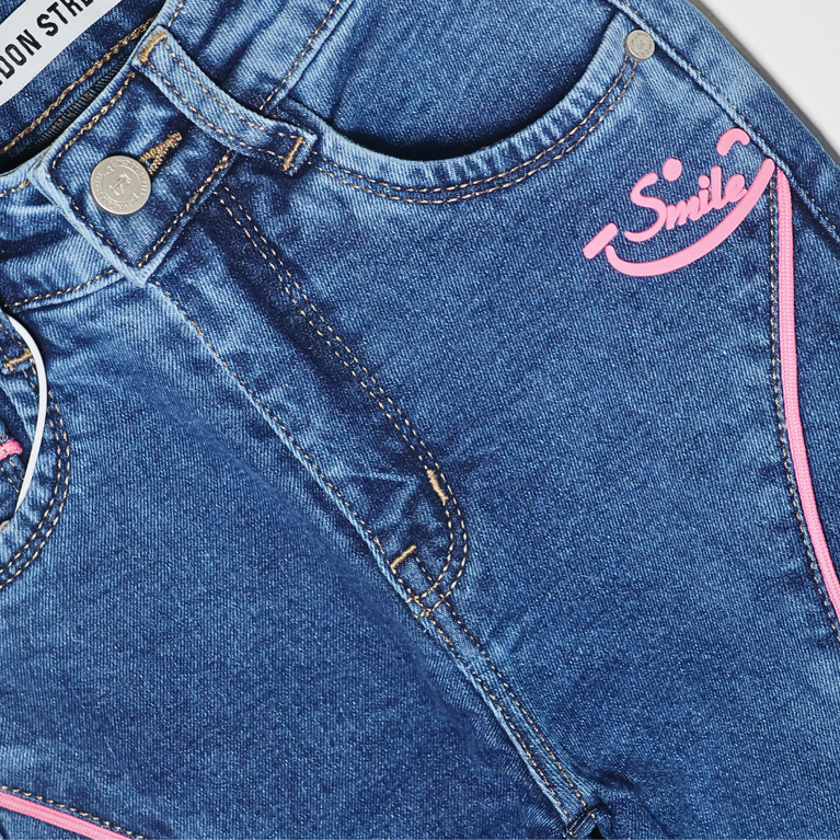 London Street-Girls’ Wide-Leg Cargo Denim Jeans with Neon Pink Piping & Sequins