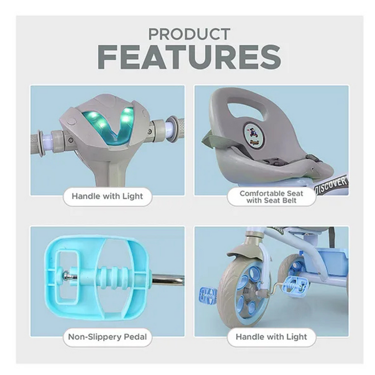 Dash Discover Kids Tricycle with Storage Basket Music Light Safety Belt Adjustable Height