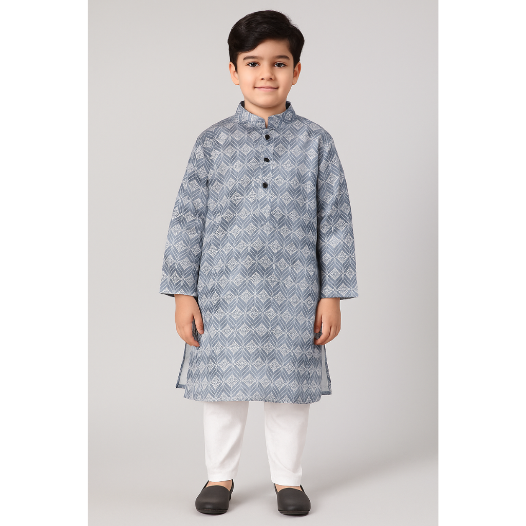 Colors Junior- Mandarin Collar Geometric Texture Printed Full Sleeves Regular Kurta Pajama Set
