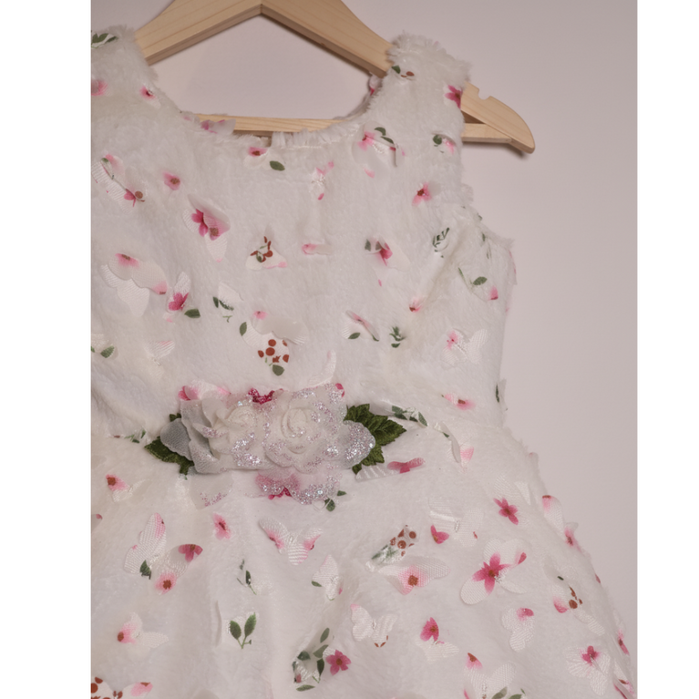 Ninos Embellished White Floral Party Wear Frock with 3D Floral Appliqué For Girls