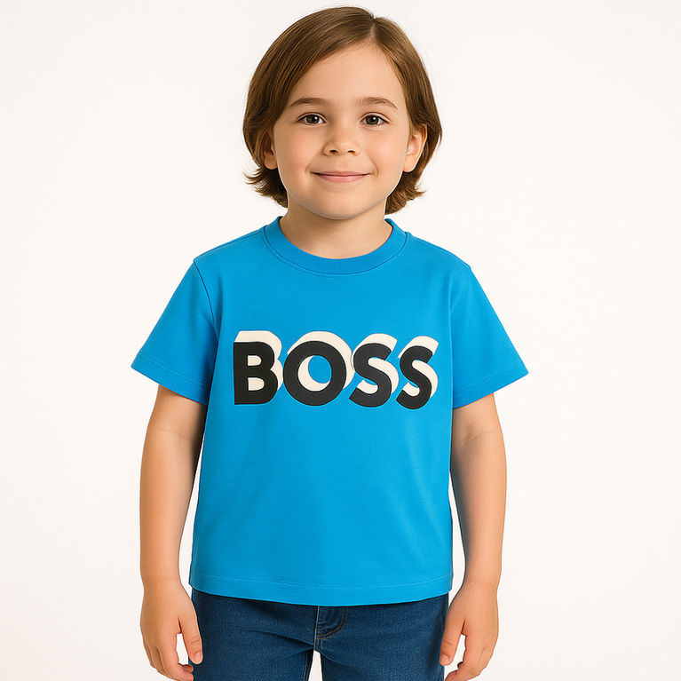 BOSS- Kids Cotton Knit Half Sleeves Crew Neck T-Shirt with BOSS Text Print , 2-11 years
