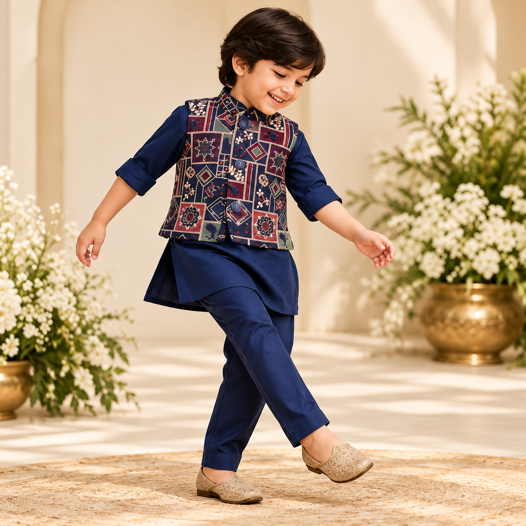 Aagam Full Sleeves Solid Kurta Pyjama Set with Embroidered Printed Jacket - Navy Blue