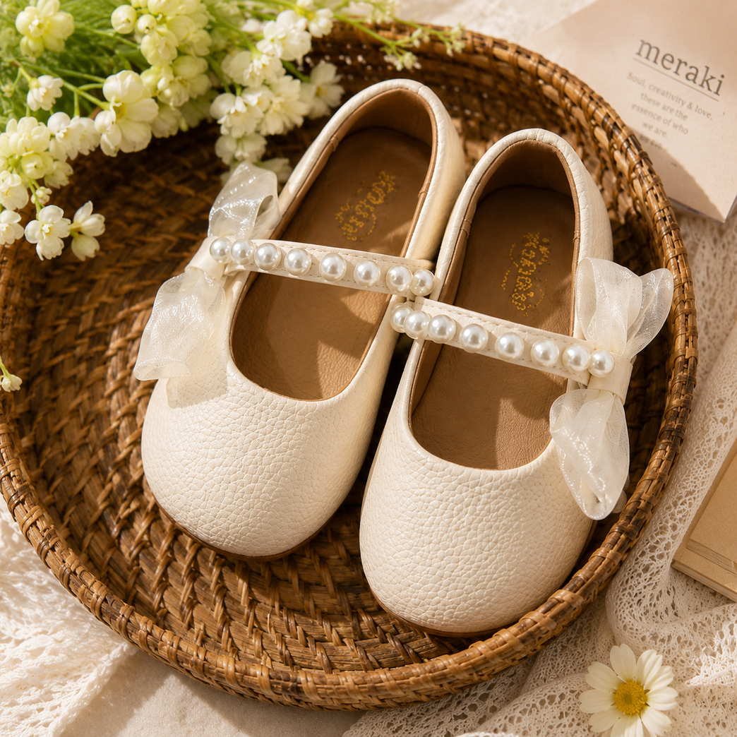 Girls' Cream Pearl Mary Jane Party Shoes with Organza Bow | Elegant Dress Shoes