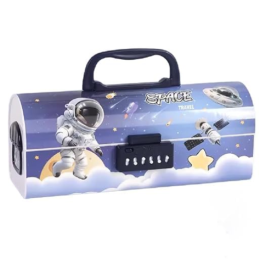 nino's Space-Themed Password Lock Pencil Box, Large Capacity Stationery Organizer for Kids, Light Blue