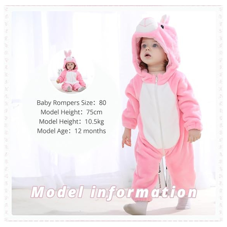 Michley- Unisex Baby Winter Hooded Romper Flannel Rabbit Style Stitch Animal Long Sleeves Zip Cosplay Dress