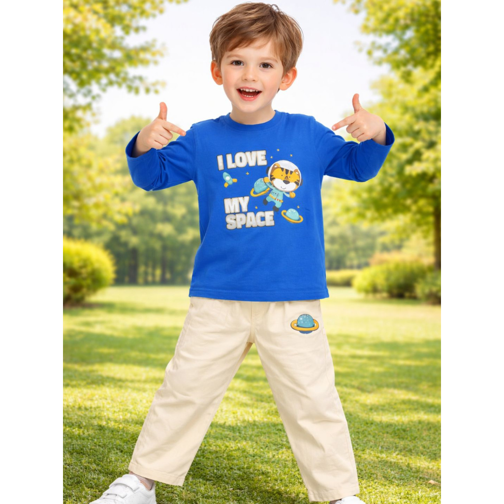 Ninos 100% Cotton Knit Full Sleeves "I Love My Space "Printed T-shirt and Pant Set for Boys