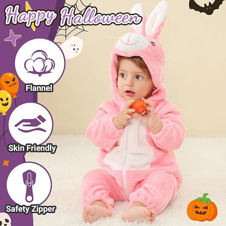 Michley- Unisex Baby Winter Hooded Romper Flannel Rabbit Style Stitch Animal Long Sleeves Zip Cosplay Dress