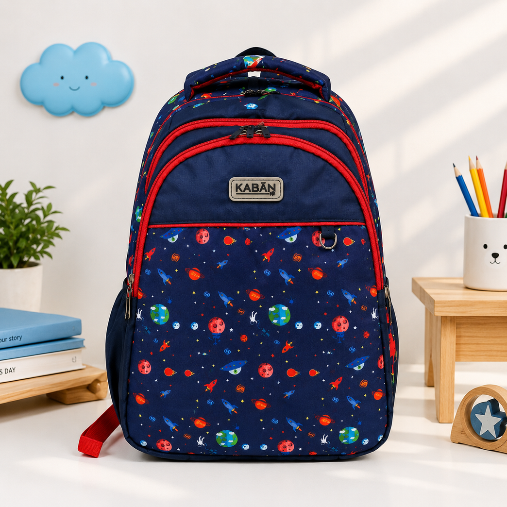 Space Print School Backpack with Padded Straps, Multiple Compartments & Side Pockets | Navy Blue & Red