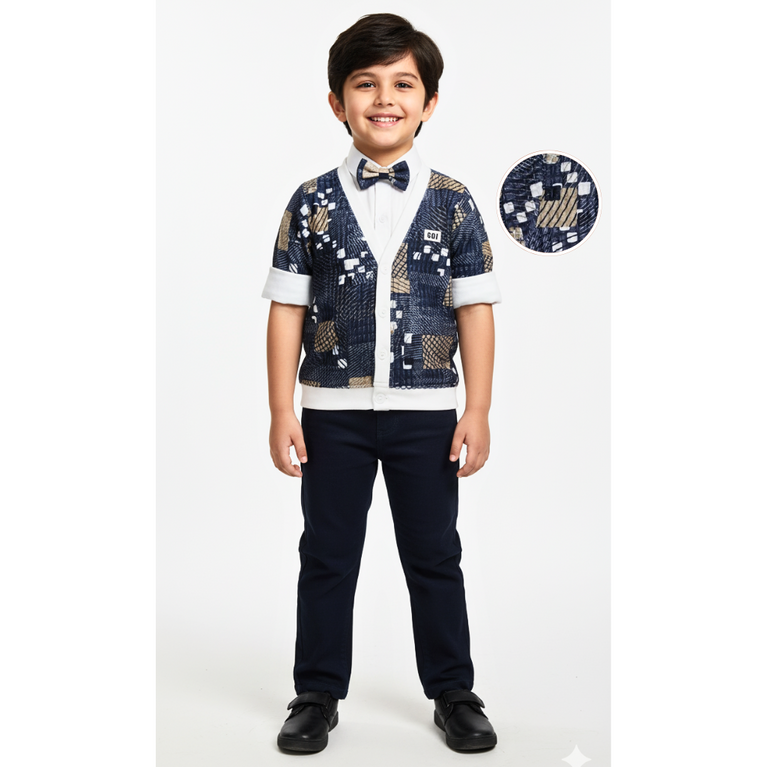 Boys’ Stylish Printed Cardigan with Bow Tie & Formal Pants Set