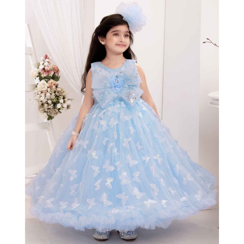 Plum-Party Wear Gown For Girls Beautiful Floral And Butterfly Embellished With Sequins Work -Sky Blue