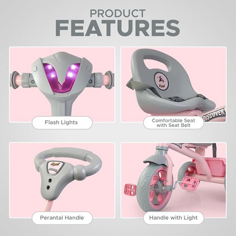 Dash Discover Kids Tricycle Storage Basket Music Light Safety Belt Adjustable Height With Parental Handle