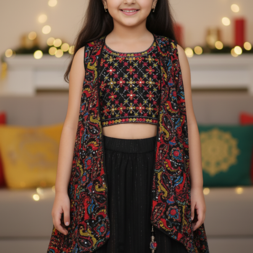 NINOS Girls Black Multi-Color Embroidered Lehenga, Crop Top & Shrug Set – Festive & Party Wear