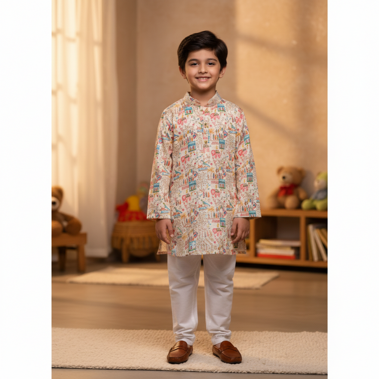 NINOS Multi-Color Printed Kurta Pajama Set – Festive & Ethnic Wear for Boys