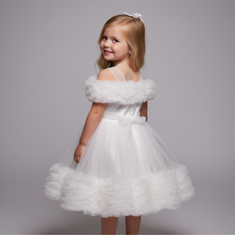 Ninos Embellished Elegant White Ruffle Princess Party Wear Frock with 3D Bow Appliqué For Girls