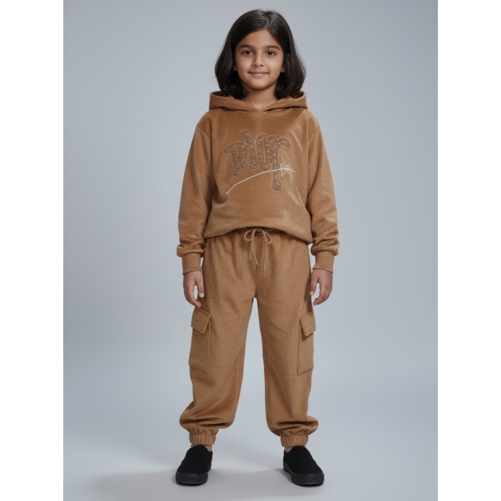 Girlyy-Velour Woven Full Sleeves Winter Wear Girls Hooded Sweatshirt & Cargo Jogger Set