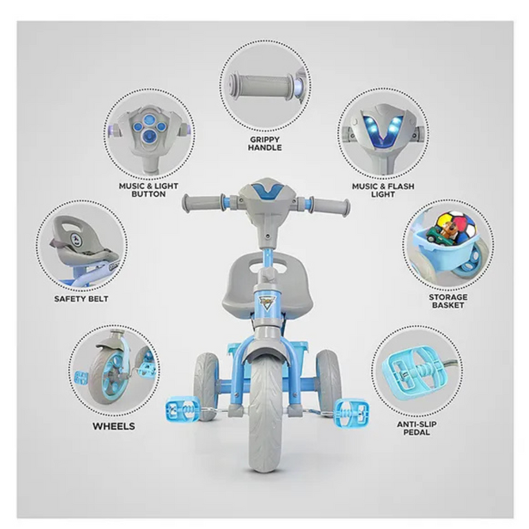 Dash Discover Kids Tricycle with Storage Basket Music Light Safety Belt Adjustable Height