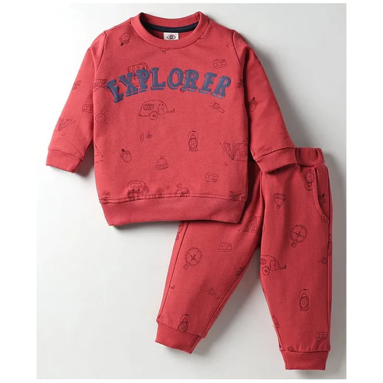 Zero Looper Knit Full Sleeves Co-ords T-Shirt & Lounge Pant Set with Explorer Print