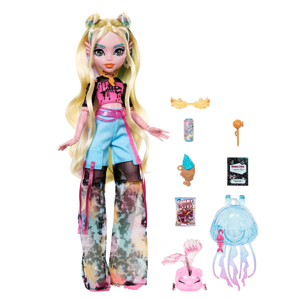 Monster High Lagoona Blue Doll in Mesh Tee and Cargo Pants, Includes Pet Fish Neptuna and Accessories Like a Backpack, Snack and Notebook