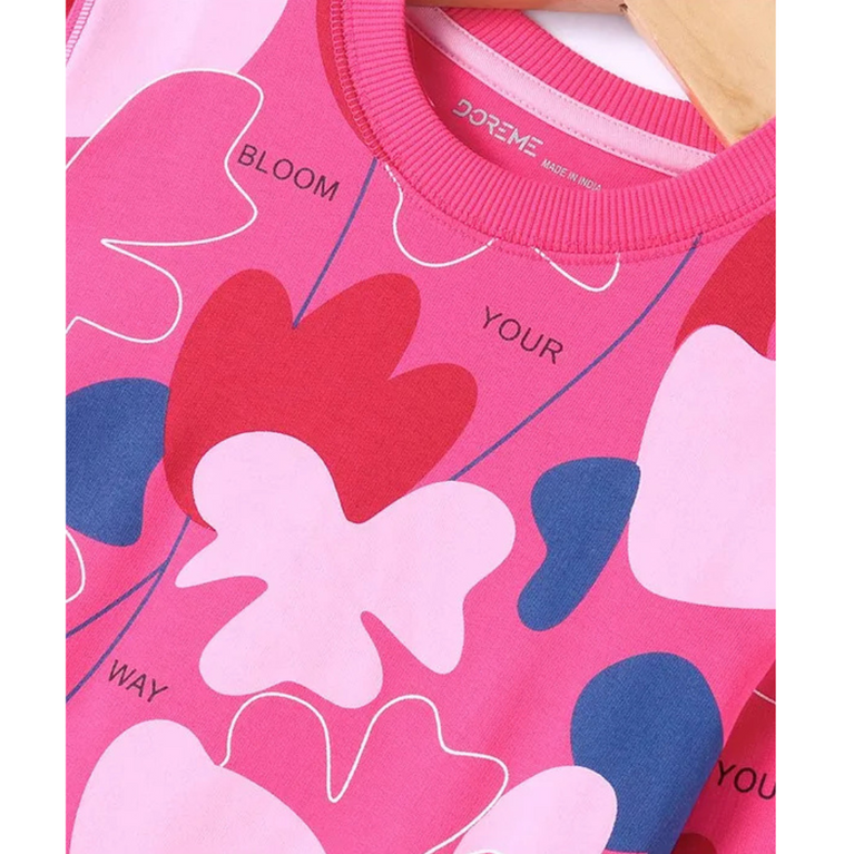DoreMe Doreme Terry Knit Full Sleeves Sweatshirt Floral Print -Dark Pink