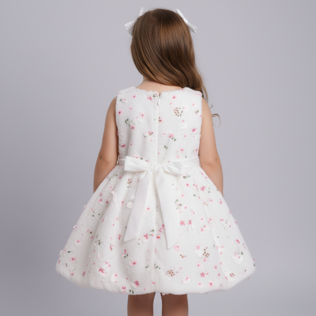 Ninos Embellished White Floral Party Wear Frock with 3D Floral Appliqué For Girls