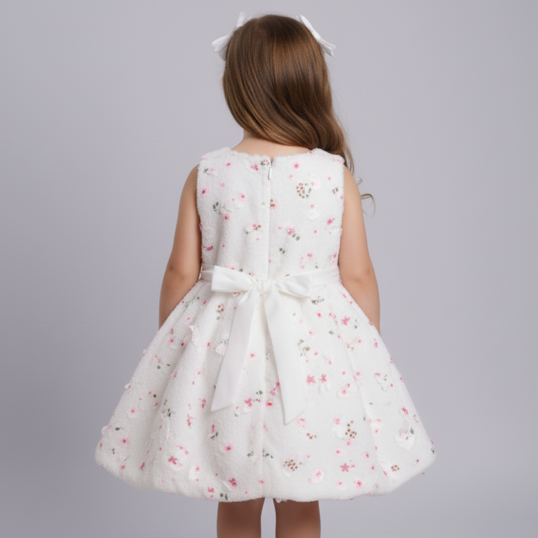 Ninos Embellished White Floral Party Wear Frock with 3D Floral Appliqué For Girls