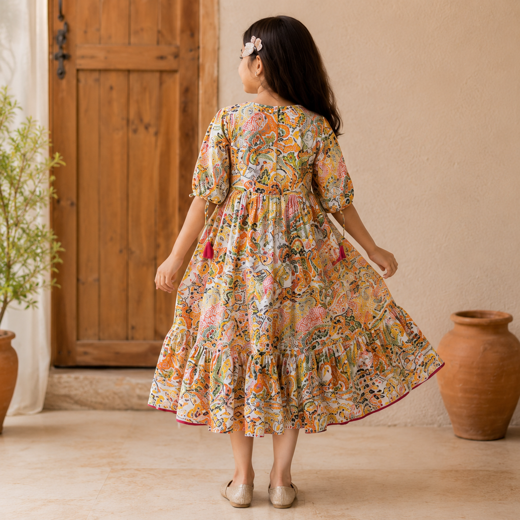 Floral Embroidered Printed Ethnic Maxi Dress with Tassel Sleeves | Festive & Party Wear