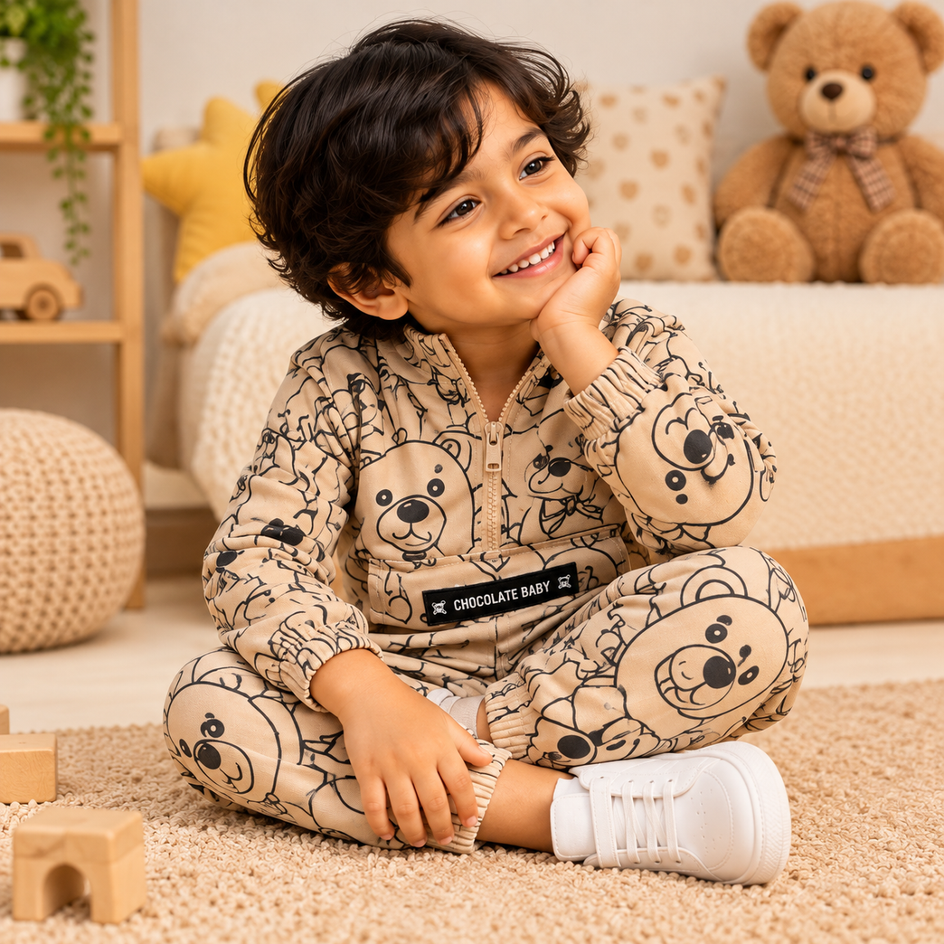 Teddy Bear Printed Co-Ord Set | Full-Sleeve Jacket & Cargo Pants