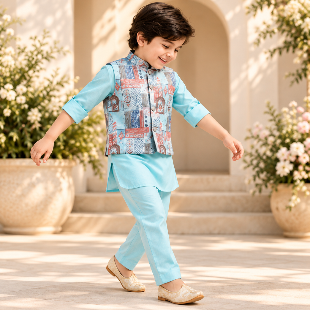 Boys Full Sleeves Solid Kurta Pyjama Set with Printed Jacket - Firozi