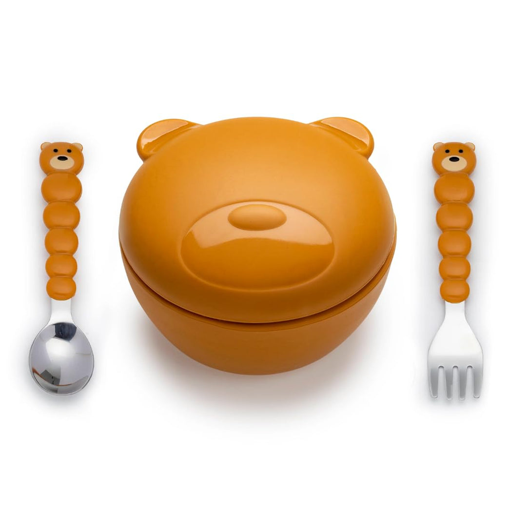 Melii Silicone Bowl with Lid & Utensils - Bear Brown