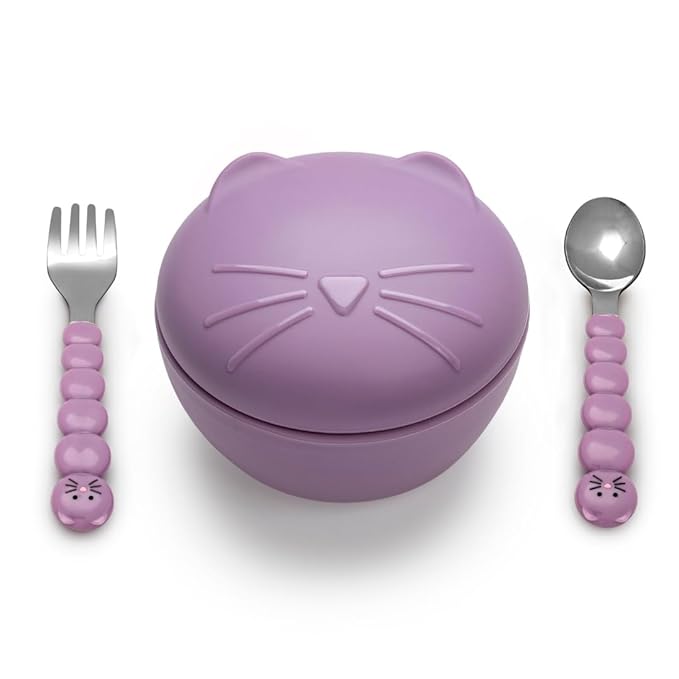 Melii Silicone Bowl with Lid & Utensils - Cat Purple