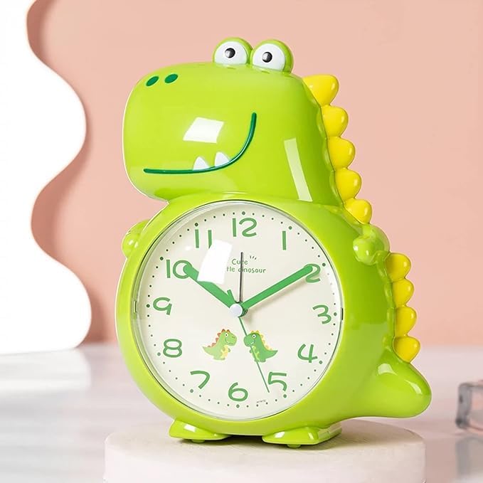 nino's Dinosaur Alarm Clock for Kids, Non-Ticking Analog Battery Operated Dino Gifts for Toddler Boys Adult Bedroom Decor(Green Dinosaur)