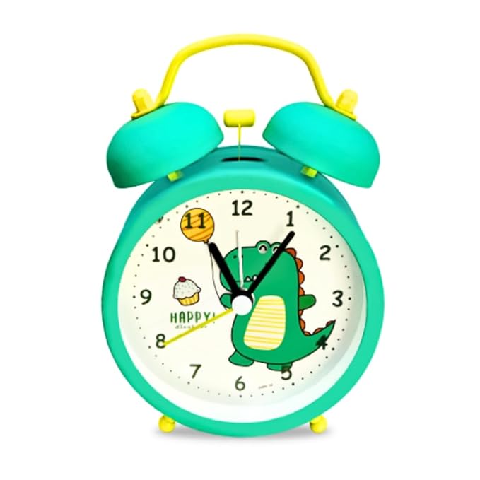 nino's Dinosaur Theme Analog Alarm Clock, Twin Bell Design, Table Clock for Kids & Students- Turquoise
