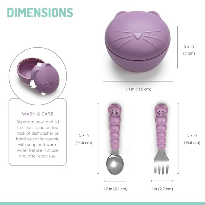 Melii Silicone Bowl with Lid & Utensils - Cat Purple