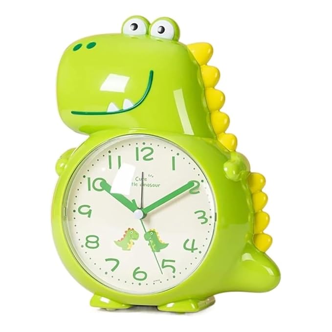 nino's Dinosaur Alarm Clock for Kids, Non-Ticking Analog Battery Operated Dino Gifts for Toddler Boys Adult Bedroom Decor(Green Dinosaur)