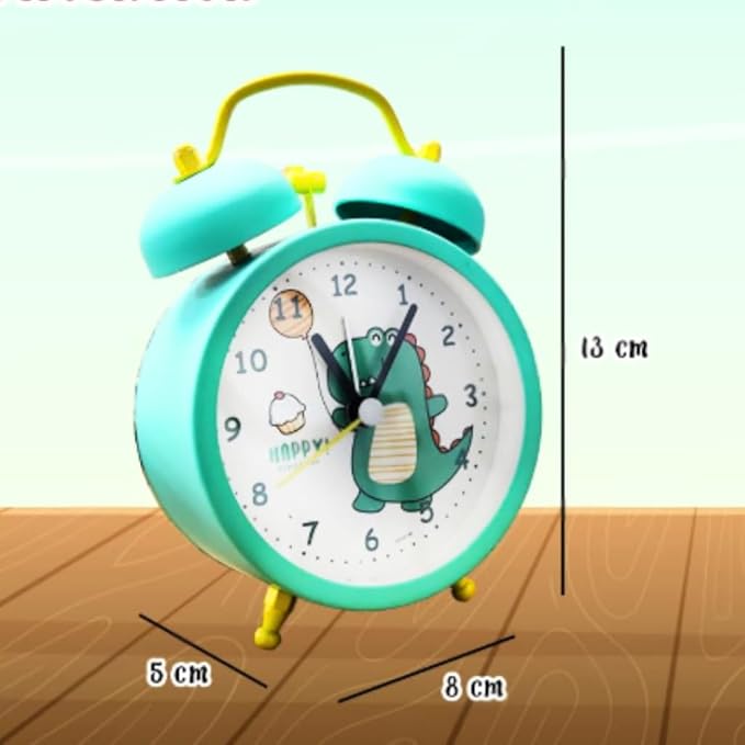 nino's Dinosaur Theme Analog Alarm Clock, Twin Bell Design, Table Clock for Kids & Students- Turquoise