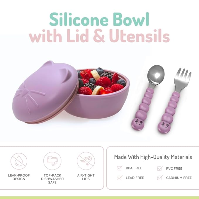 Melii Silicone Bowl with Lid & Utensils - Cat Purple
