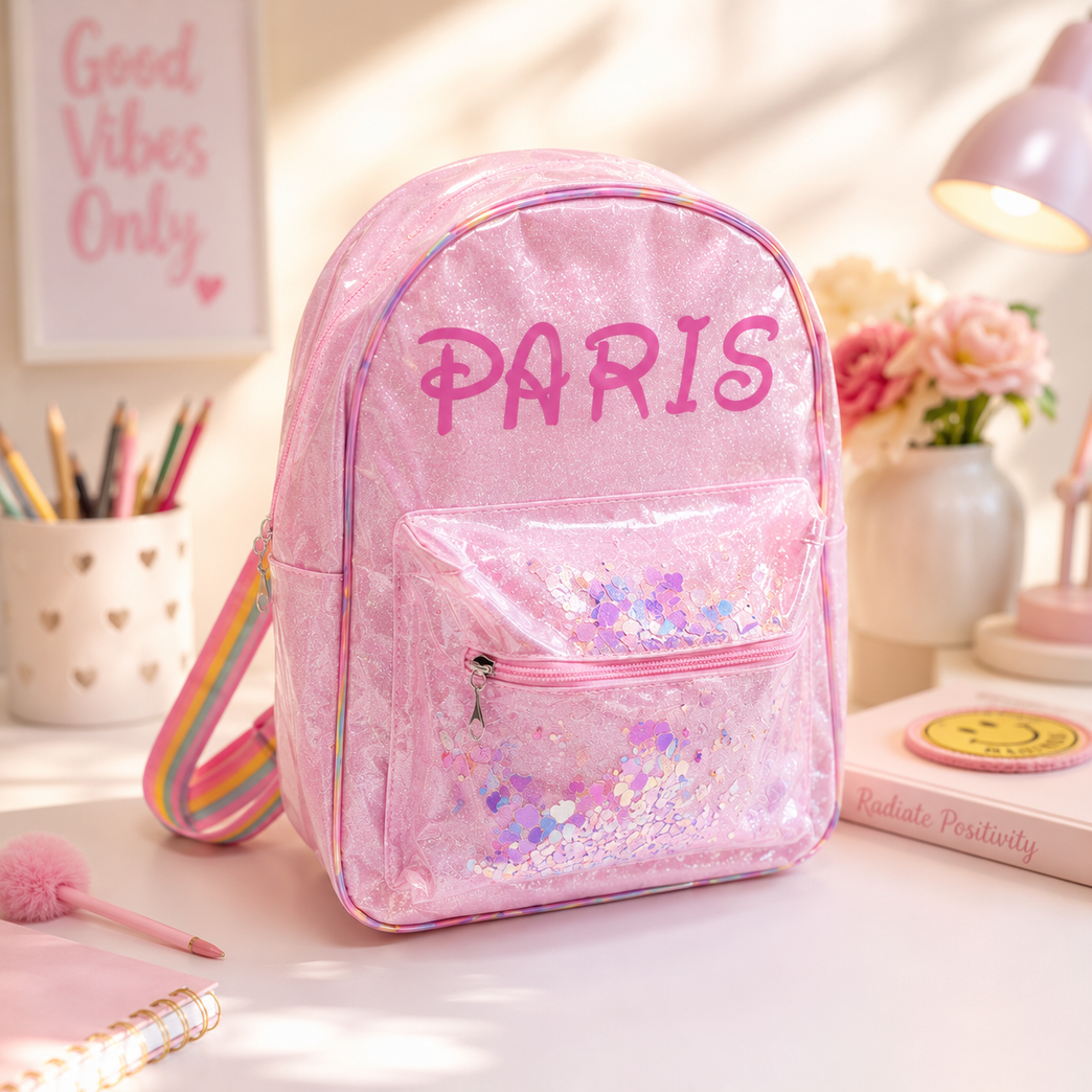 Girls Glitter Transparent Backpack with Sequin Pocket & Rainbow Adjustable Straps