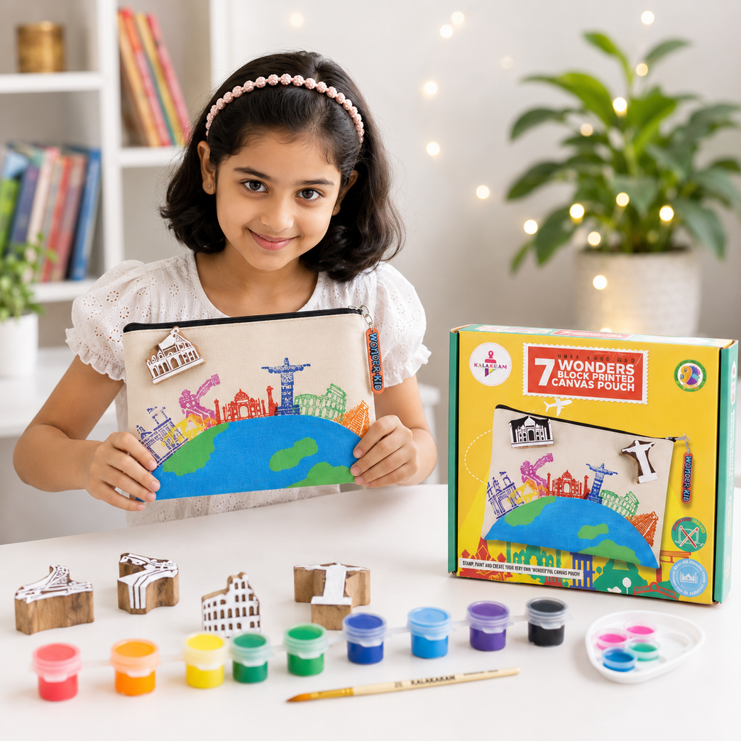 KALAKARAM DIY Block Print Canvas Pouch Kit - Create Your Own 7 Wonders Pouch, DIY Painting Kit For Kids, Learn By Doing, Art Intergrated Learning, Creative Activity Kits For Kids Age 9+Multicolor