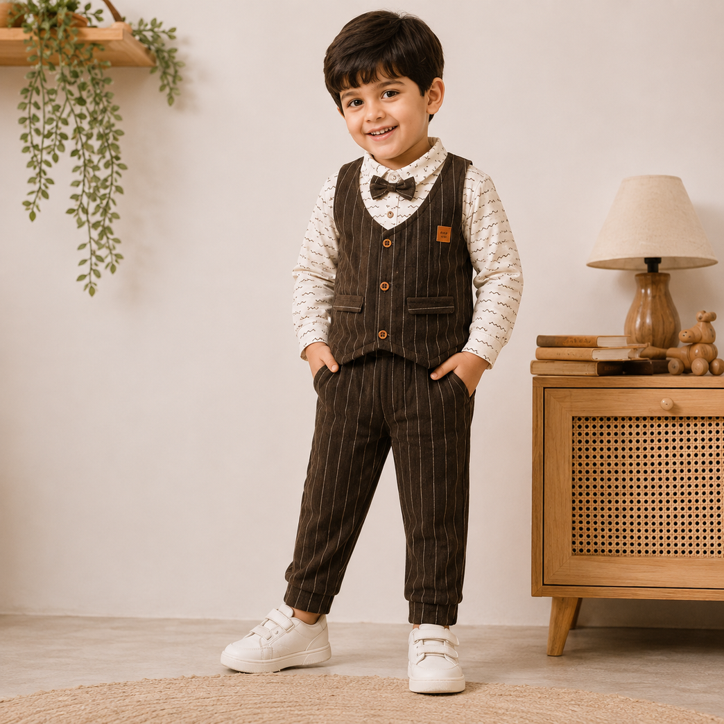 Formal Waistcoat Set with Printed Shirt & Trousers – Brown