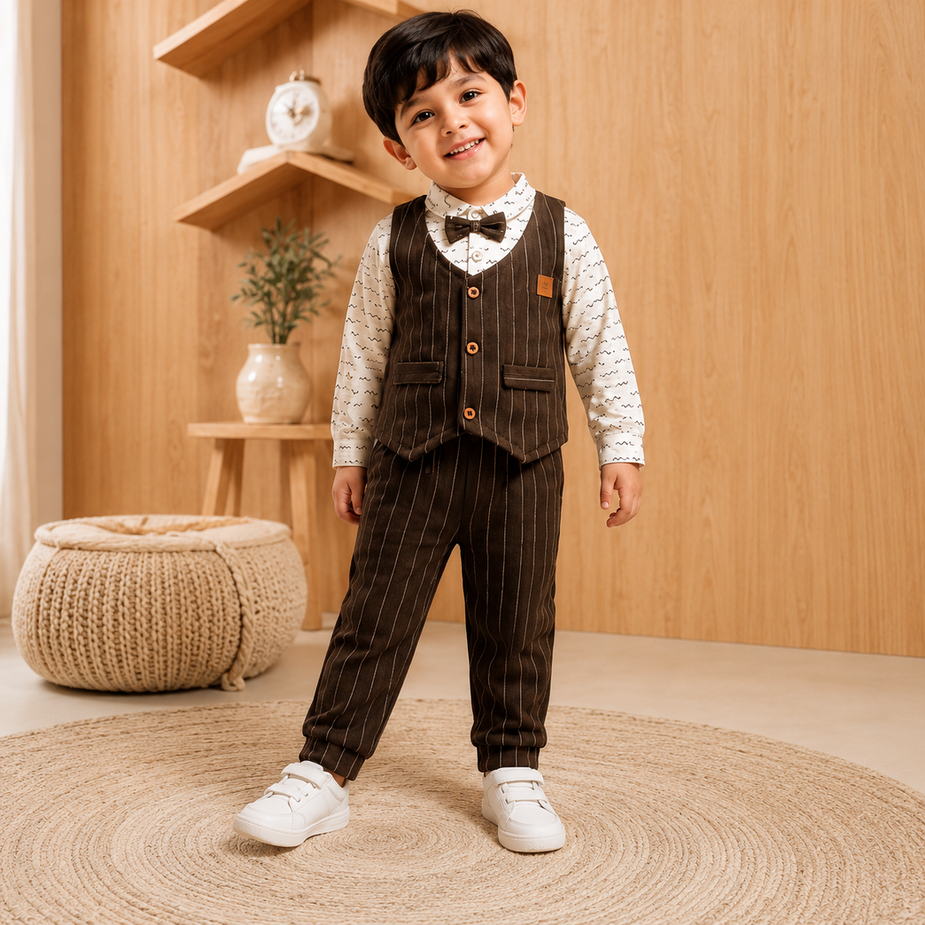Formal Waistcoat Set with Printed Shirt & Trousers – Brown