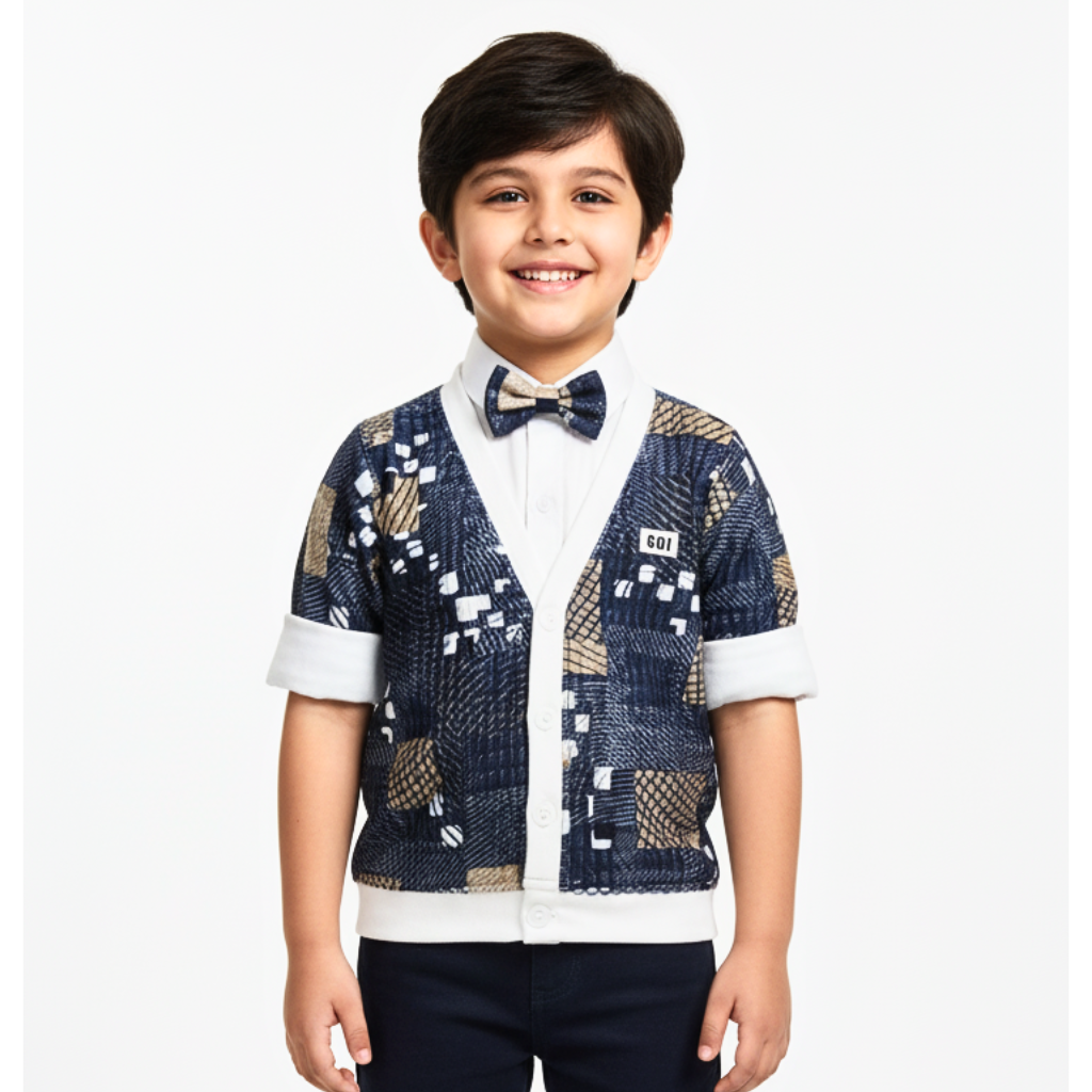 Boys’ Stylish Printed Cardigan with Bow Tie & Formal Pants Set