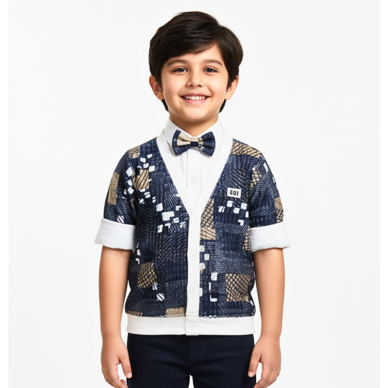 Boys’ Stylish Printed Cardigan with Bow Tie & Formal Pants Set