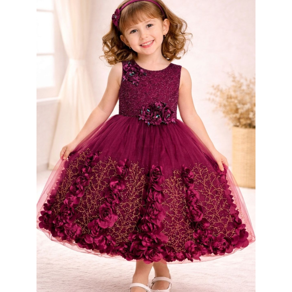 Elegant Floral Embellished Party Wear Gown for Girls with Glitter Tulle Skirt