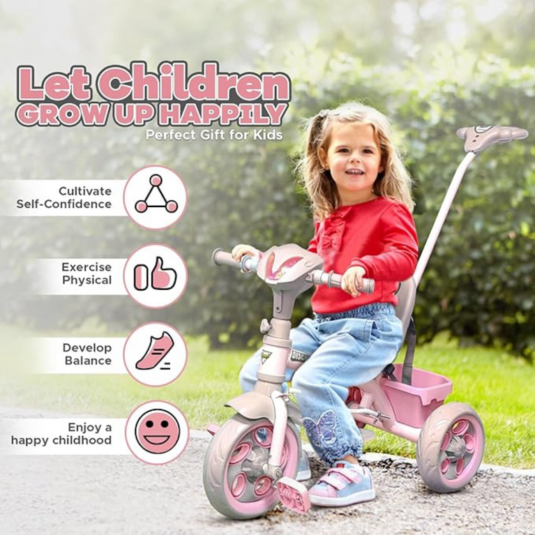 Dash Discover Kids Tricycle Storage Basket Music Light Safety Belt Adjustable Height With Parental Handle