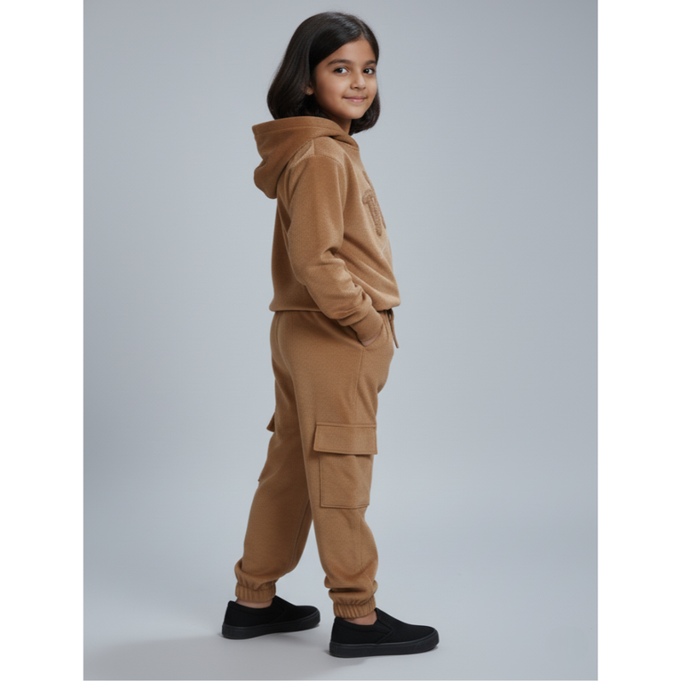 Girlyy-Velour Woven Full Sleeves Winter Wear Girls Hooded Sweatshirt & Cargo Jogger Set